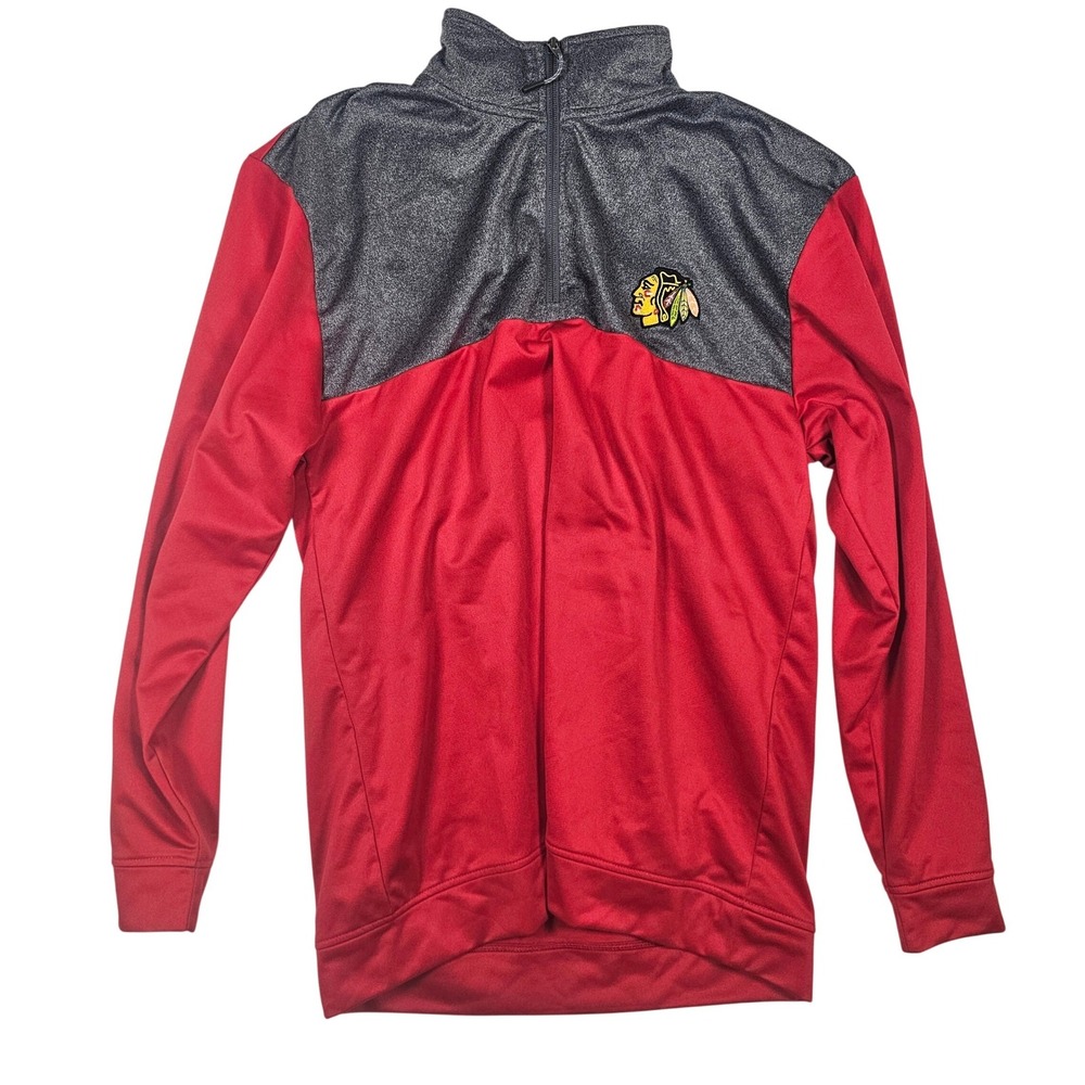 NHL Chicago Blackhawks Quarter Zip Pullover Jacket Mens Red Grey Hockey Fan Gear